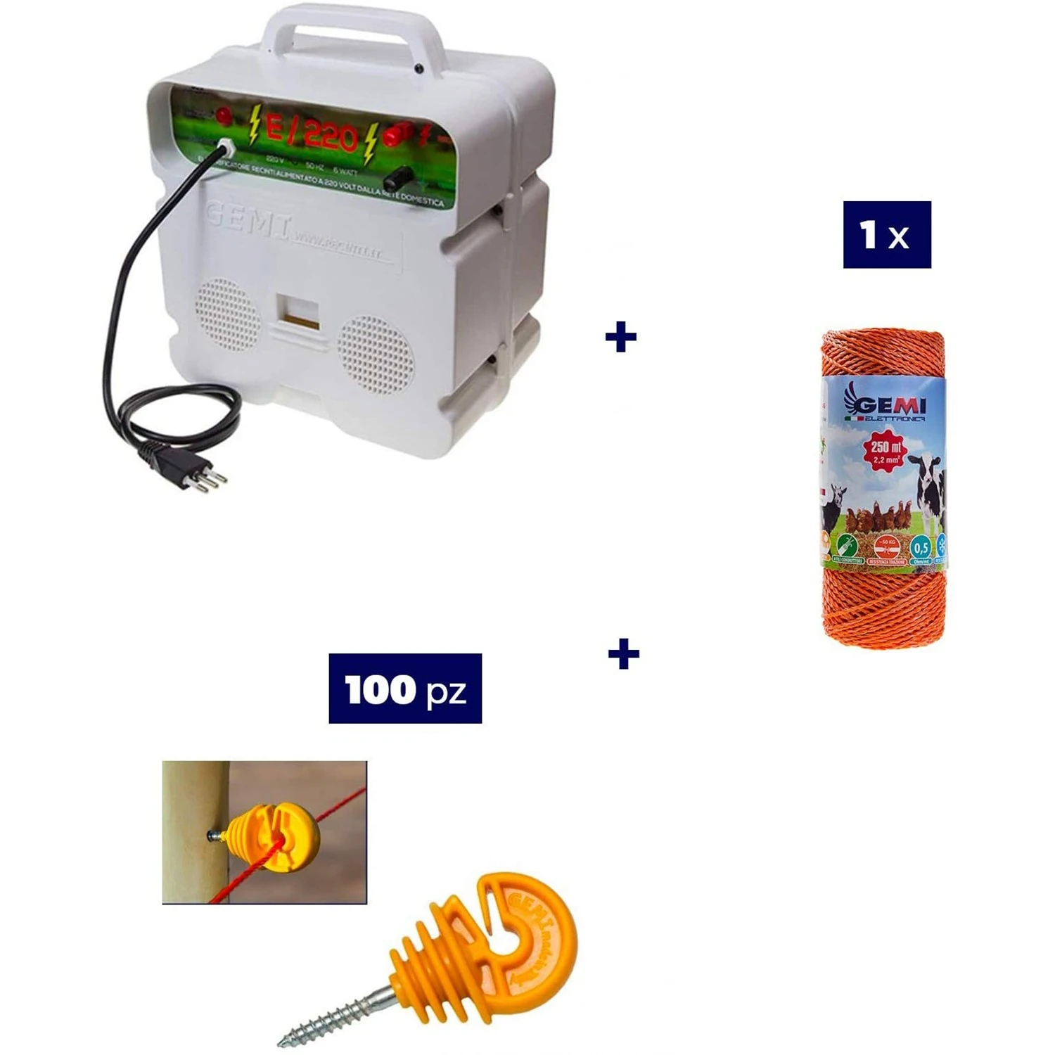Pastor eléctrico Kit completo con energizador de 220 V y 250 m de cable de 2,2 mm² para postes de madera.