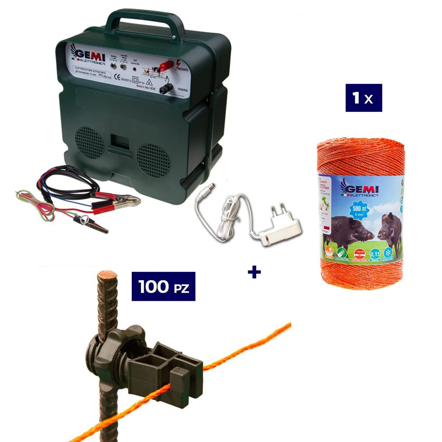 Pastor eléctrico Kit completo para jabalíes con energizador de 12/220 V y 500 m de cable de 6 mm² para postes de hierro para c