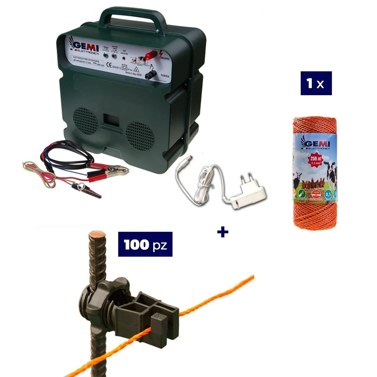 Pastor eléctrico Kit completo con electrificador de 12/220 V, 250 m de cable de 2,2 mm² y aisladores de hierro para cerca el